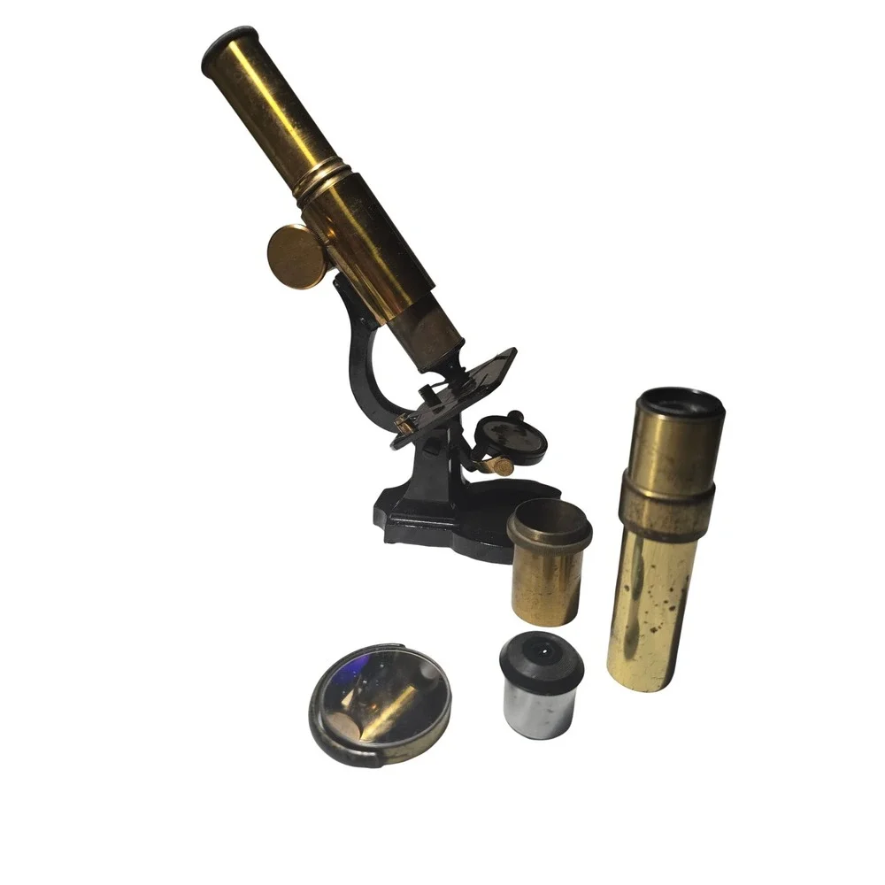 Antique Brass Monocular Microscope Vintage Scientific Instrument with Wood Case